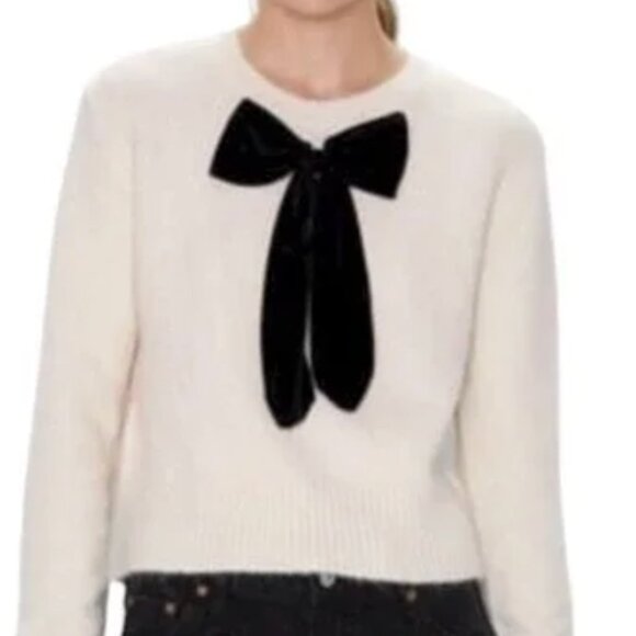Zara Black Velvet Bow Cropped Sweater Cream Size Small - Picture 3 of 16